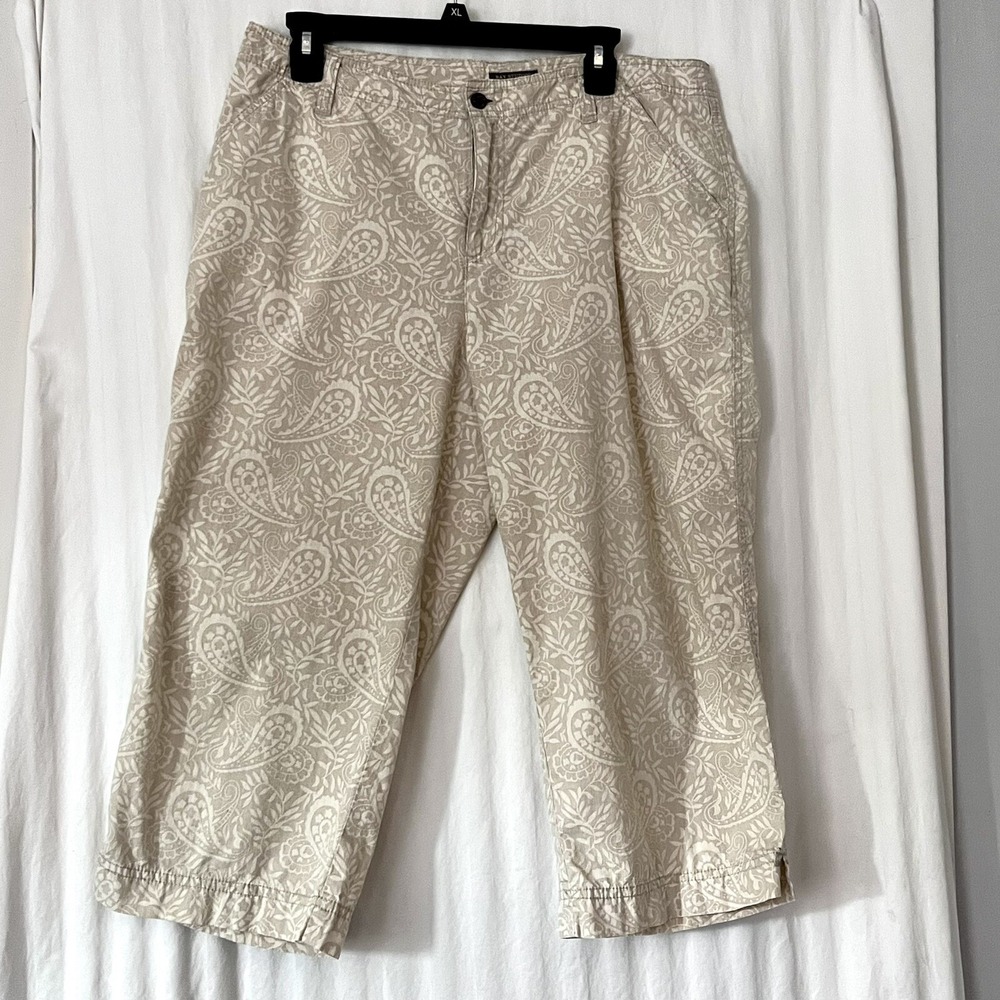 Bay Studio Women's Wide Leg Crop Pants Khaki Paisley Beige Tan Size 12  Cotton